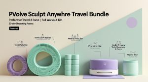 Pvolve Sculpt Anywhere Travel Bundle 2025 – portable fitness kit for women with glute bands, ankle weights, core strength tools, yoga mat, and travel tote for workouts at home or while traveling.