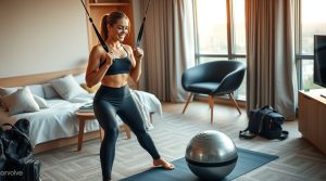 Woman working out with Pvolve Sculpt Anywhere Travel Bundle in a hotel room using resistance straps and exercise ball – ideal portable fitness kit for women traveling or training at home in 2025.