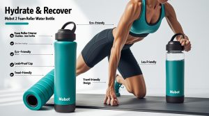 Infographic showing Mobot 2-in-1 Foam Roller Water Bottle with labeled features including foam roller exterior, stainless steel bottle, and leak-proof cap. Fitness model demonstrating muscle recovery using Mobot while staying hydrated.