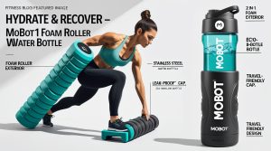 Infographic showing Mobot 2-in-1 Foam Roller Water Bottle with labeled features including foam roller exterior, stainless steel bottle, and leak-proof cap. Fitness model demonstrating muscle recovery using Mobot while staying hydrated.