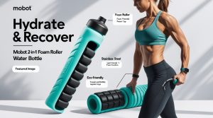 Infographic showing Mobot 2-in-1 Foam Roller Water Bottle with labeled features including foam roller exterior, stainless steel bottle, and leak-proof cap. Fitness model demonstrating muscle recovery using Mobot while staying hydrated.